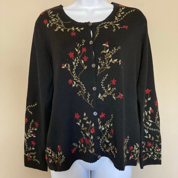 Peruvian Connection Sweaters - Peruvian Connection Black Floral Trim Pima Cotton Sweater Cardigan Size Large